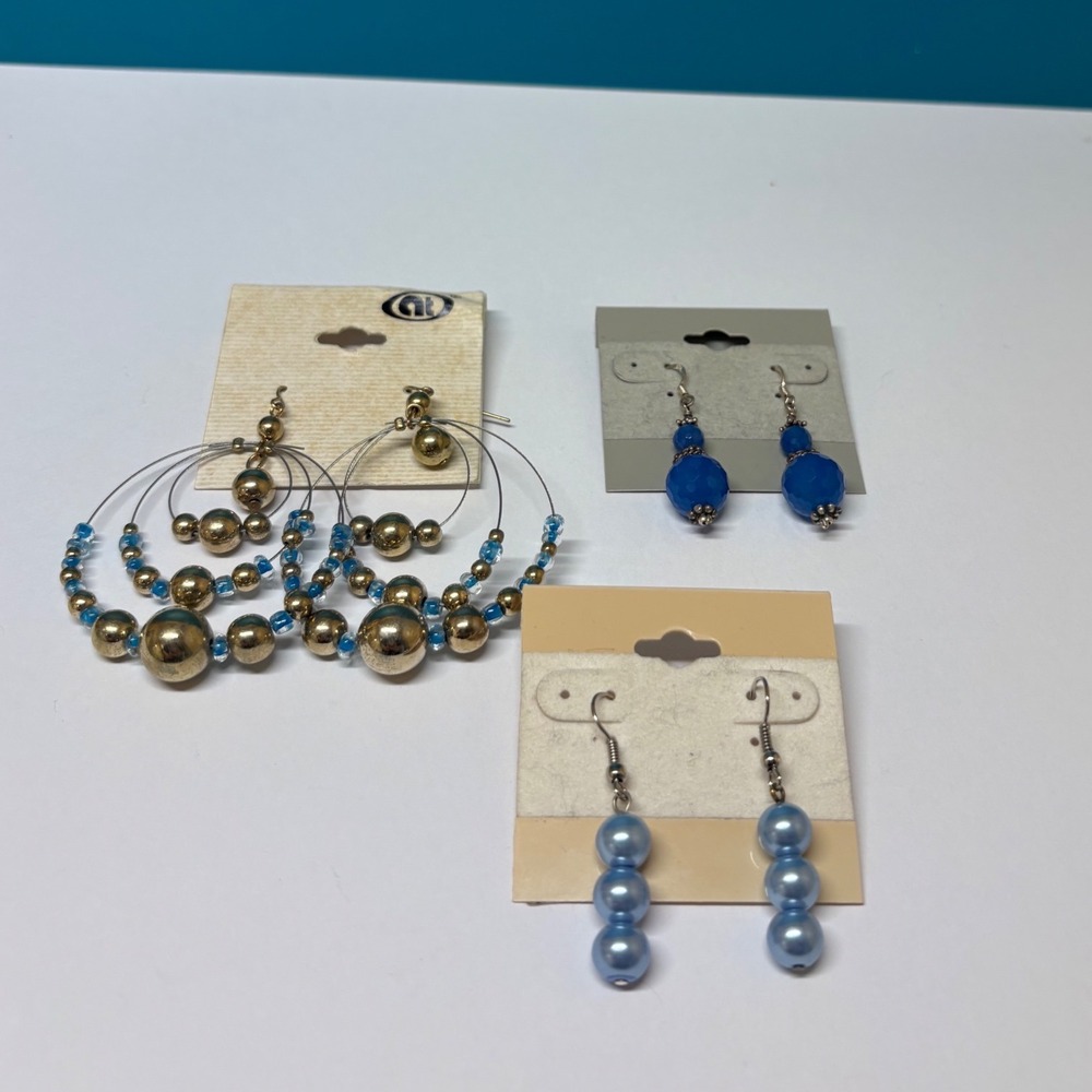 Blue Beaded Earring Set 3 Pairs Gold Hoops Faux Pearl Cobalt Drop Earrings